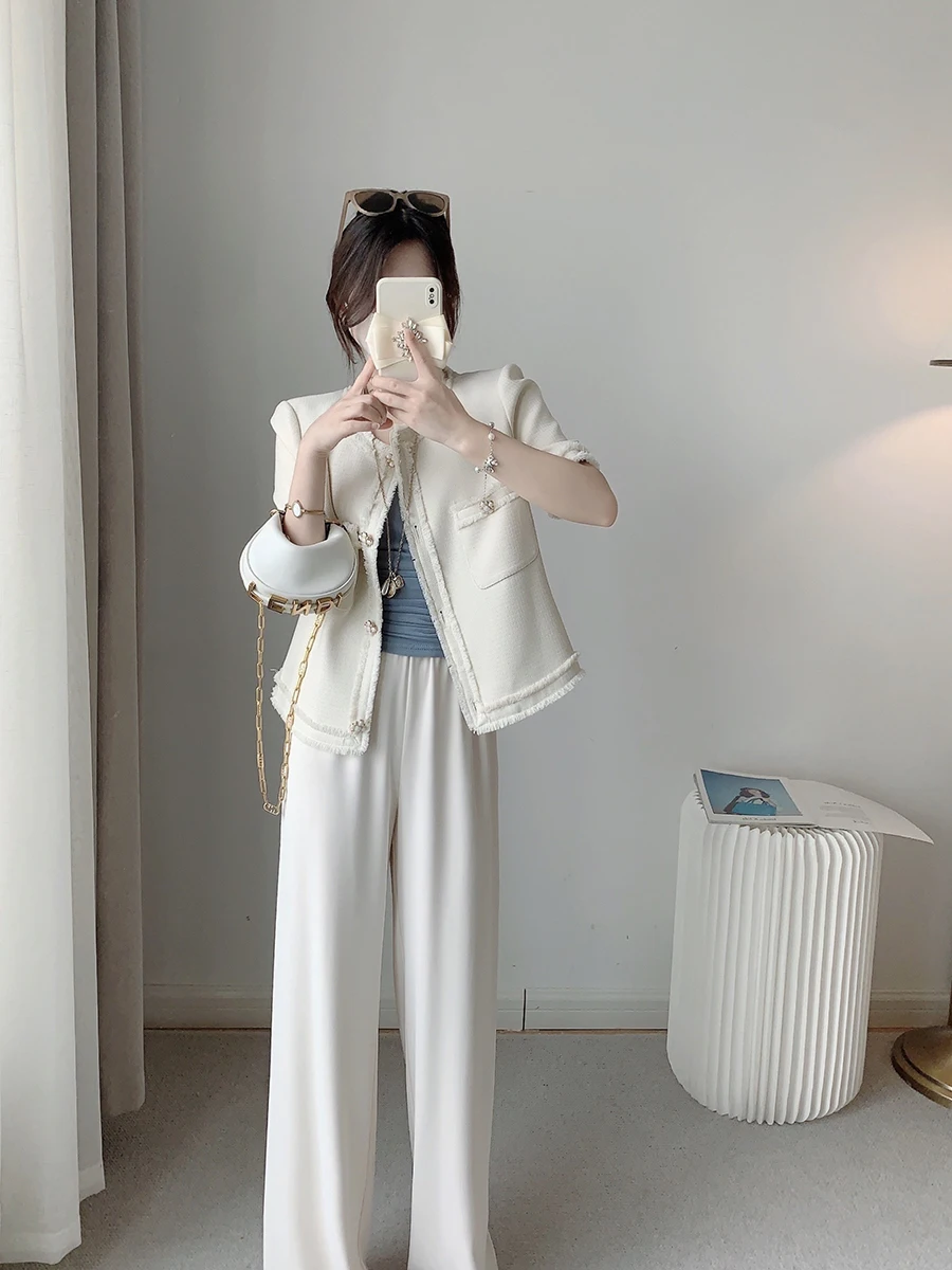 

Summer Chic round Ne ort Sve Women's Top Thin Fabric Set Ruched Waist Straight Cut Commute Sle Button Detail Polyest...