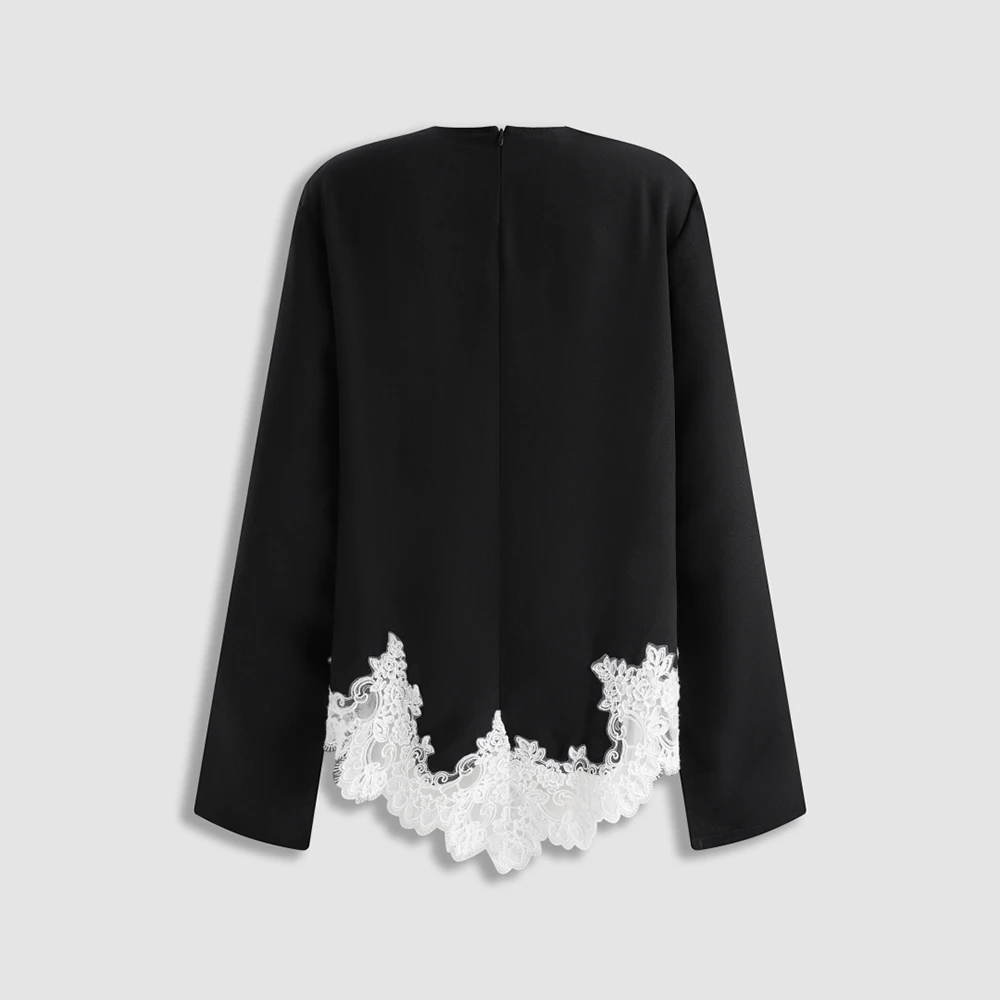 Women Acetate Blend Long Sleeve T-shirt Round Neck Lace Hem Top Loose Shirt Elegant Ladies Casual Daily Wear Women Blouse Tops