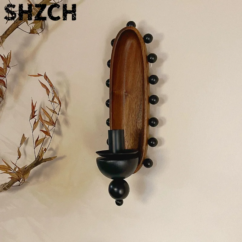 Vintage Wooden Wall Candle Holder Wabi Sabi Solid Timber Hanging Ornament Living Room Rustic Niche Pendant Unique Home Decor Art