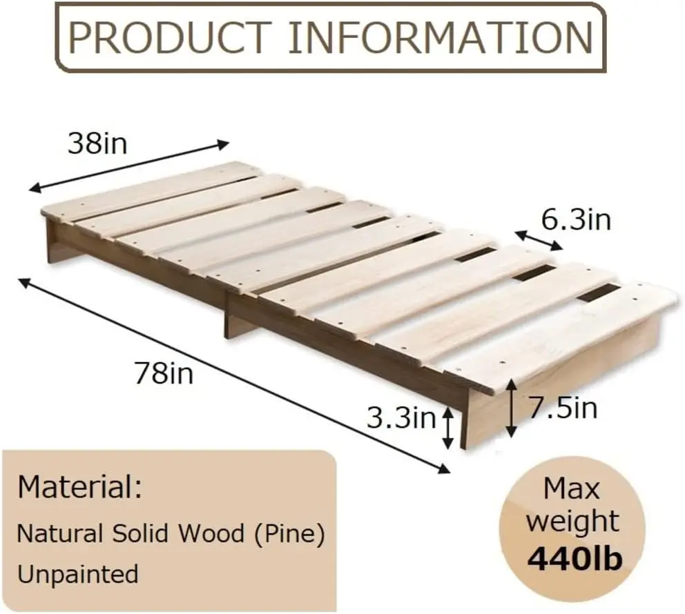 Wood Slatted Low Platform Bed Frame Kan Sunoko Twin For Japanese Futon Mattress Solid Pine (Unpainted), Floor Sleep Tatami Mat