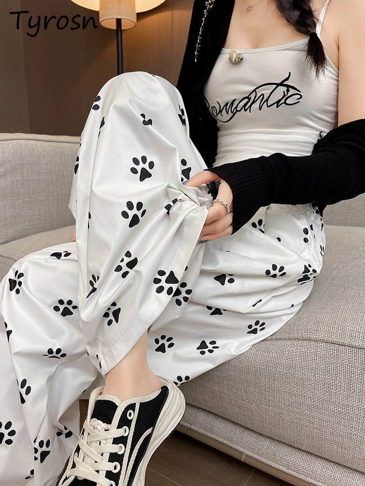 

Pants Women Full Print Dog Foot White New Design Casual Loose Wide Leg Elastic Waist Kawaii Fresh College Girls All-match Chic