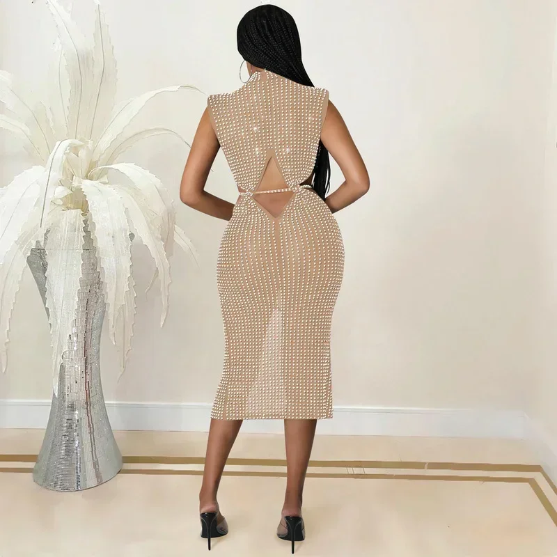 GUWU 메쉬 시스루 컷아웃 허리 트임 미디 다이아몬드 드레스 여성용 섹시 파티 클럽 시크 핫 라인스톤 선드레스