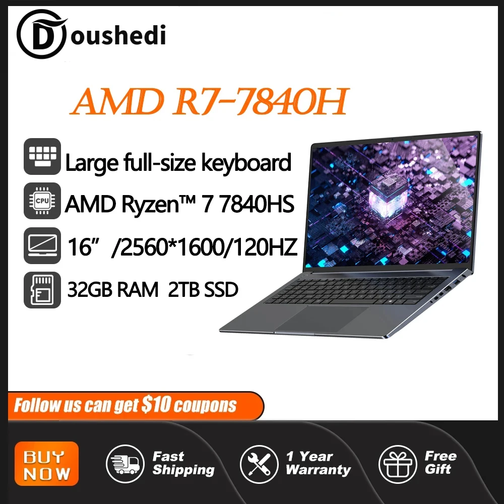 16นิ้วเอเอ็มดี7 7840HS แล็ปท็อป2560*1600หน้าจอ32กิกะไบต์ DDR5 2TB SSD Wifi6 120Hz ธุรกิจโน๊ตบุ๊คคอมพิวเตอร์บางเฉียบ