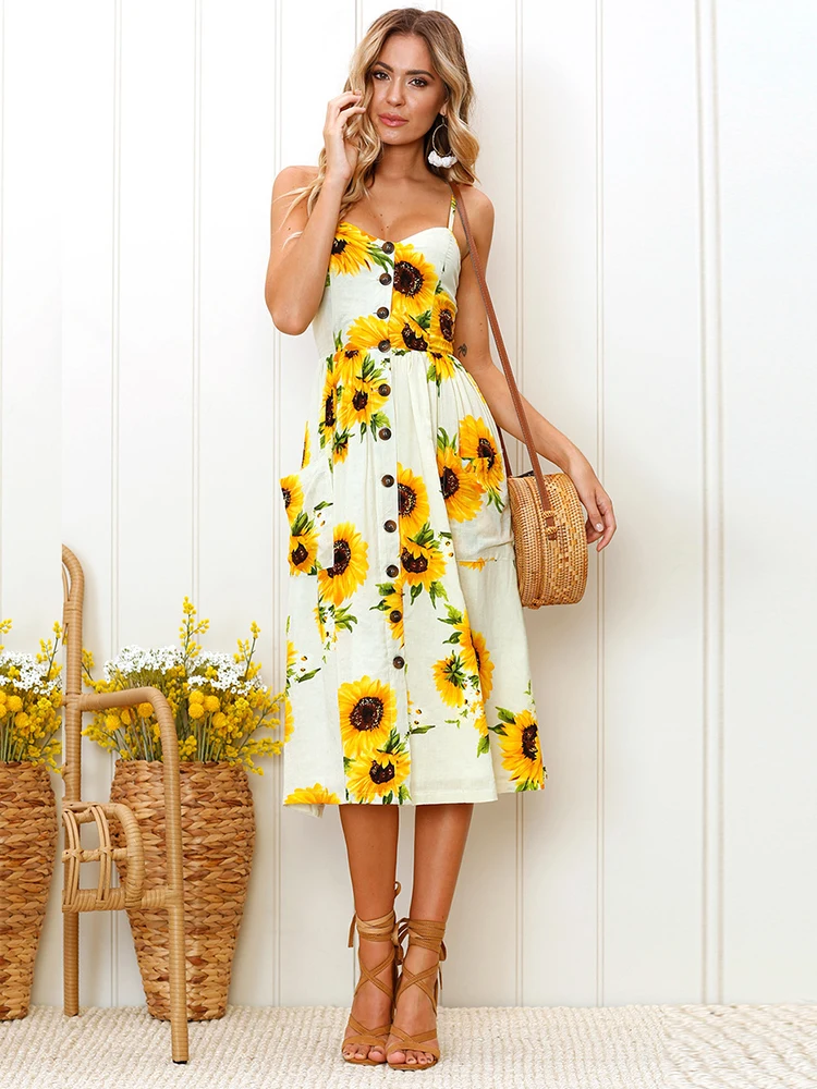 Lossky Women Summer Sunflower Dress Sexy Strapless Dress Midi Button Backless Floral Sundress Beach Female 2024 Women Clothes