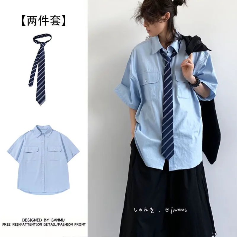 

Women Light Blue Short Sleeve Shirt Oversized Striped Tie Double Pocket Casual Summer Top