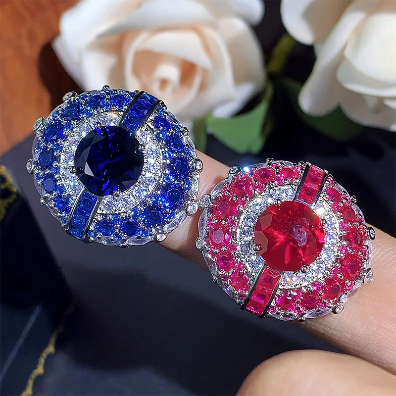 

Autumn Winter New Ring Jewelry Blue Topaz Red Corundum Cover Ring Light Luxury Open Women's Fashion European and American Versat