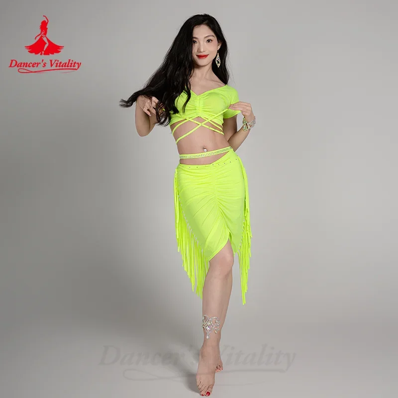 Belly Dancing Costume Set V-neck Short Sleeved Top+sexy Tassel Skirt 2pcs Girls' Oriental Dance Professional Training Clothes