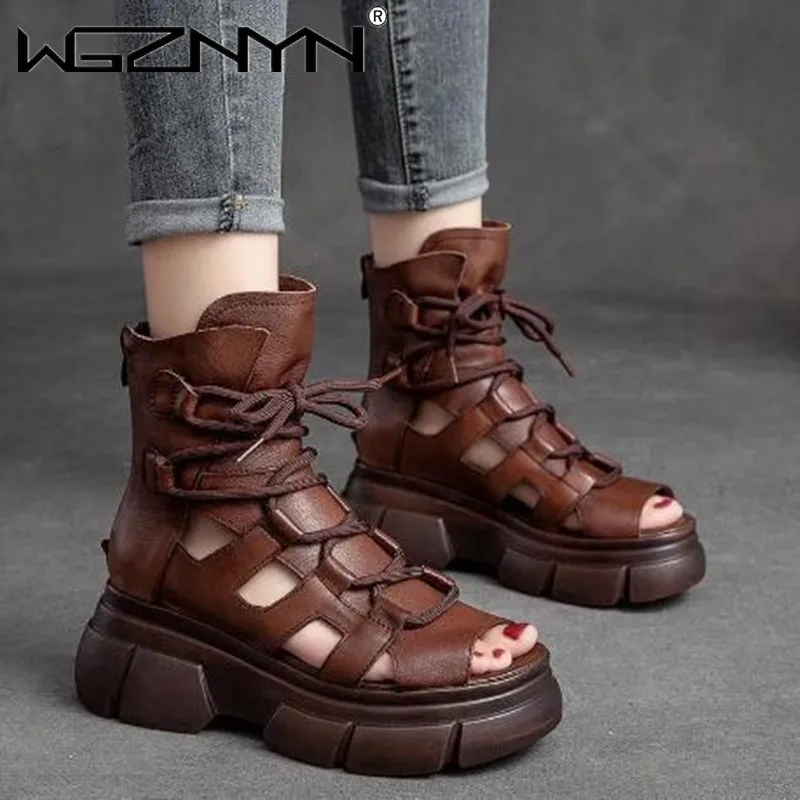 Genuine PU Leather Zip Retro Shoes Women Sandals 2022 New Ankle Boots Summer Handmade Hollow-out Lace-up Casual Platform Sandals