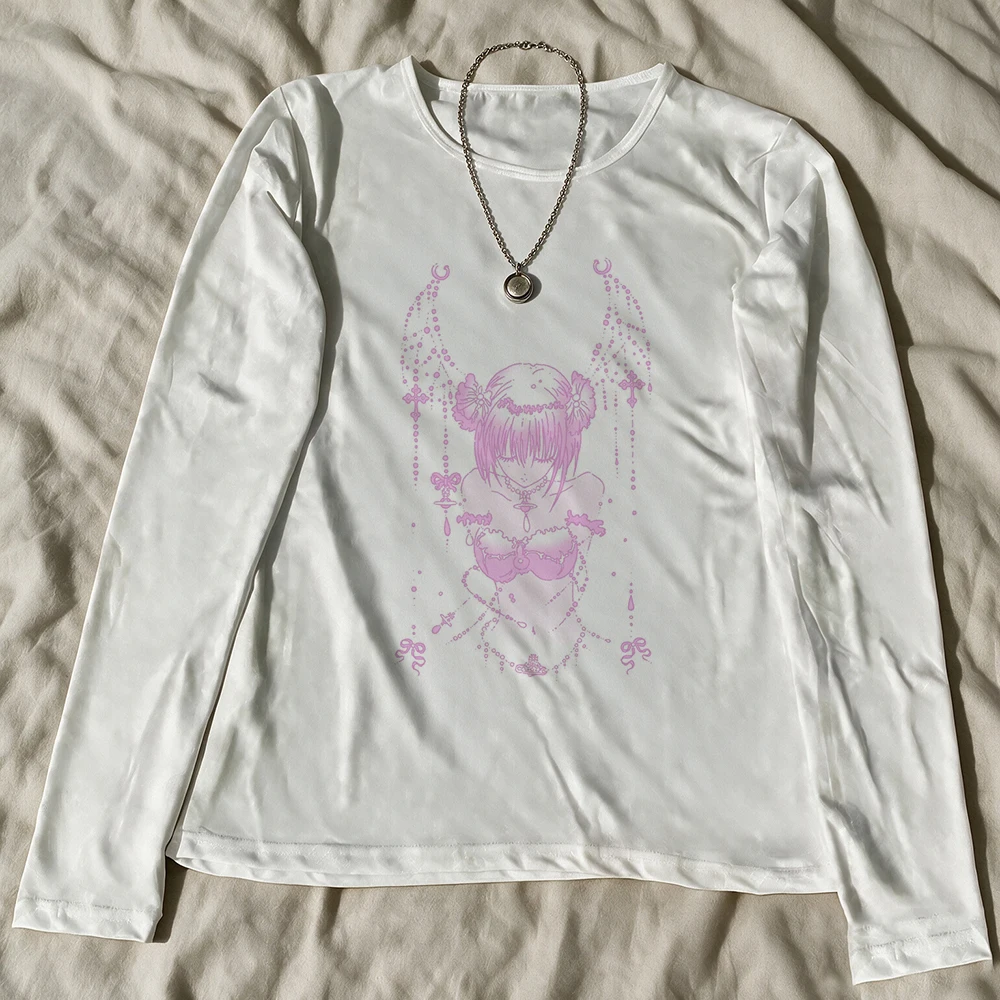 Pastel Goth Anime Line Print Long Sleeve Tee Aesthetic Harajuku Streetwear White O-neck Tshirt Kawaii Dark Cute Casual Tops