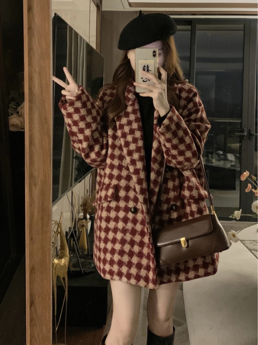 Red Plaid Thiened Woolen Suit Jaet for Women Autumn Winter New Sle Street Faion Large Size Korean Version Commute Pat...
