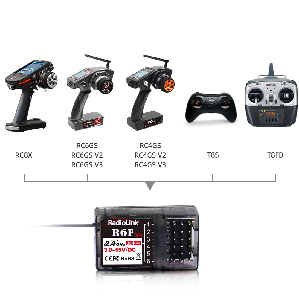 Radiolink-6 Canal Receptor para RC Car and Boat, Transmissor de Rádio, Controle Remoto, R6F, 2.4GHz, RC6GS, V2, RC4GS, V2, T8FB, T8S