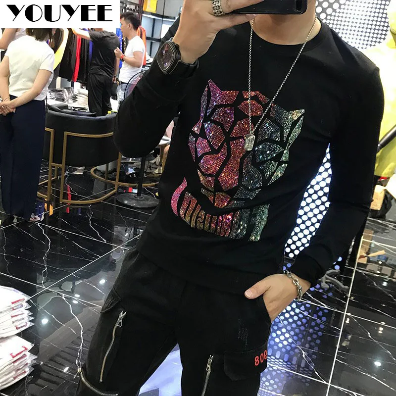 

Men's New Hoodies Loose Personality Leopard Head Hot Rhinestone Male Sweater Autumn Winter Long Sleeve Man Trend Wear Clothing