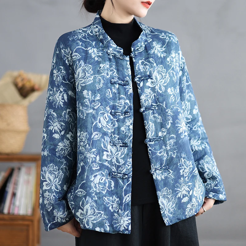 

Элегантная омолаживающая куртка в ретро-китайском стиле из хлопка и льна с принтом, легкая, свободная, удобная, с длинными рукавами и воротником-стойкой