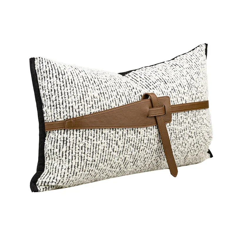 Black And White Cotton-Linen Textured Belt Orange Leather Decorative Pillow Cover for Designer Room Stylish Home Decor Accent