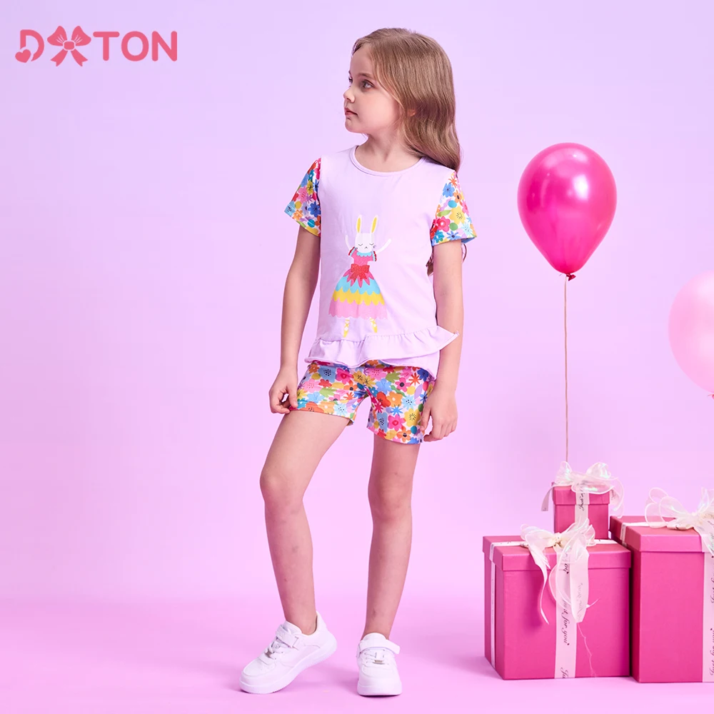 

DXTON Toddler Girls Clothing Sets Summer 2PCS Girls Suit Short Sleeve T-shirt with Shorts Floral Rabbit Cartoon Kids Outer Wear