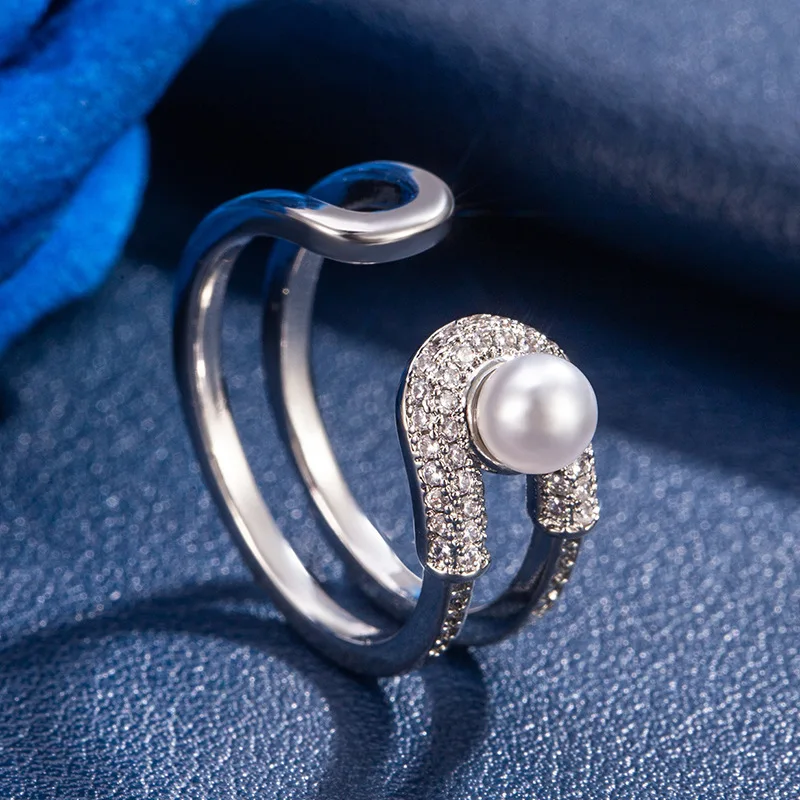 Double-layer Snapback Pearl Ring -Women Micro-set Diamond CZ Adjustable Design - Elegant Wedding Jewelry Gift Lab-Grown Diamonds