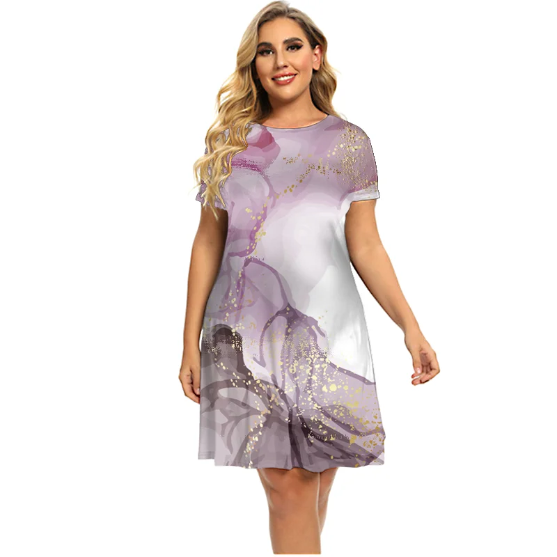 Gradient Tie Die Women Print Dress For Elegant 2022 Plus Size Summer Ladies Dress Casual Short Sleeve O-Neck Mini Loose Clothing