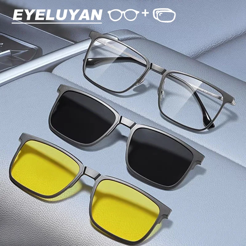

Очки 3-в-1 с магнитным креплением, квадратная оптическая оправа с поляризационным солнцезащитным клипом и желтыми линзами для ночного видения, очки для вождения
