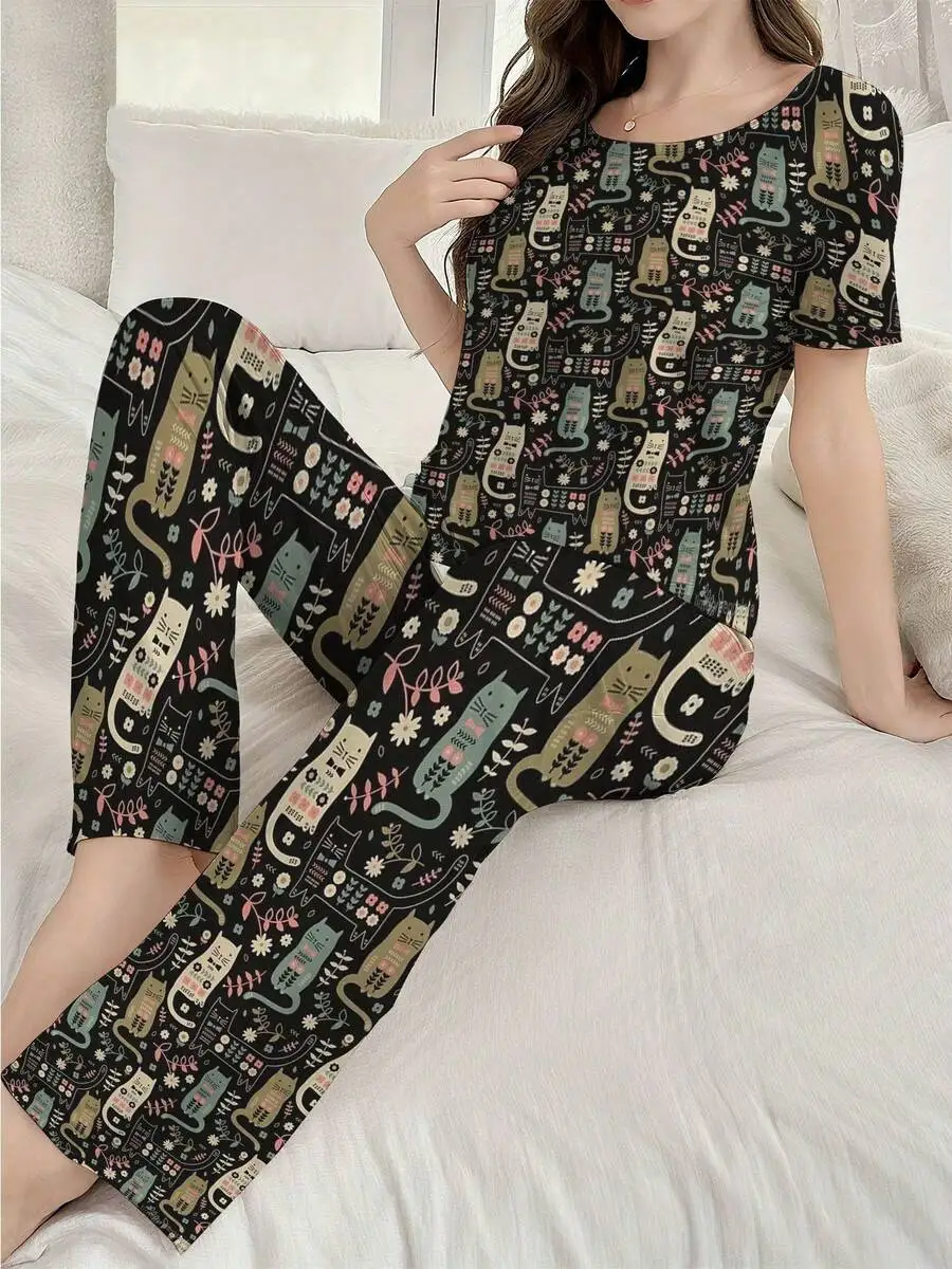 

Womens 2-Piece Short Sleeve Pajama Set With Cat Floral Print Comfortable Long Pants