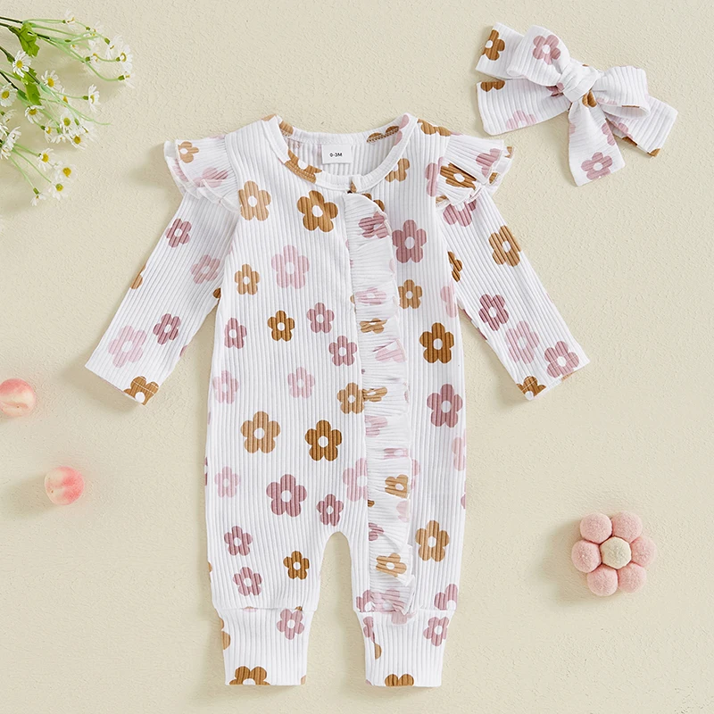 Infant Baby Girls Full Sleeve Rib Cotton Floral Print Romper Playsuit Jumpsuit Headband Newborn Spring Autumn Clothes