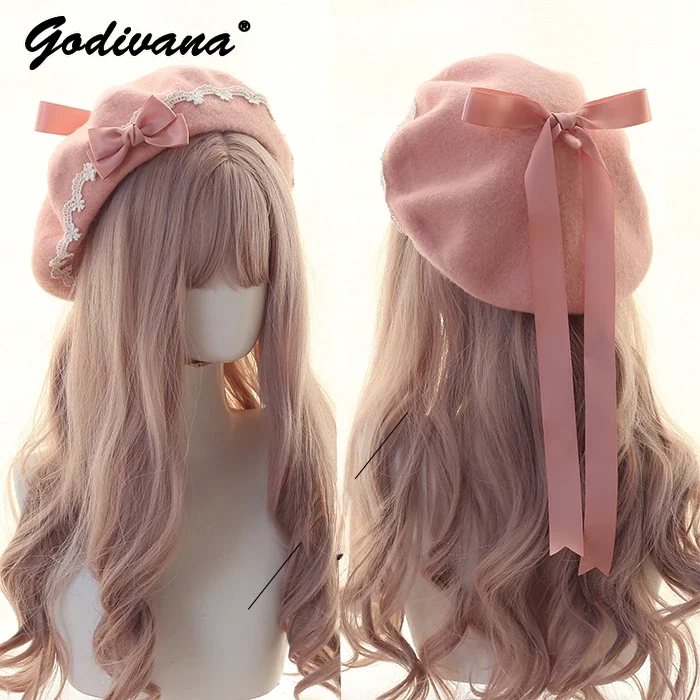 

Fashion New Japanese Style Lolita Beret Sweet Cute Woolen Women's Hats Handmade Lace Bow Autumn and Winter Warm Beret