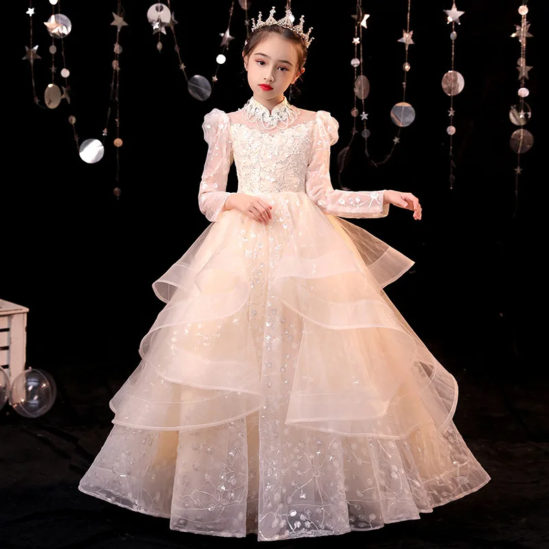 Graceful Flower Girl Long Sequin Wedding Party Dress Kid Brithday Princess Birthday Piano Performance Host Dress Little Girl