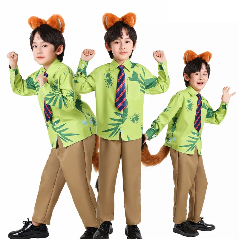 

Zootopia Nick Wilde Costumes Boys Girls Cosplay Zootopia 2 Fox Shirt Pants Tail Prop Set Halloween Leaf Print Shirt Trousers