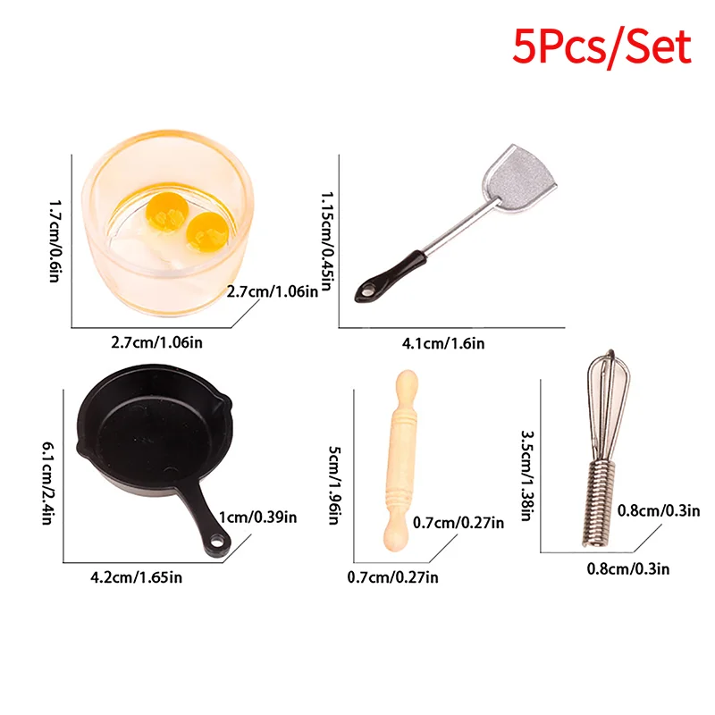 5Pcs/Set 1:12 Dollhouse Miniature Kitchenware Pan Rolling Pin Spatula Egg Beater Bowl Model Kitchen Utensils Decor Toy. - view 2