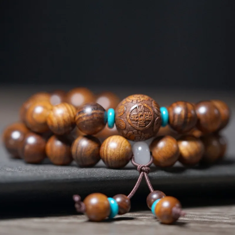 Black rosewood double-loop DIY 10mm Buddhist bead bracelet with carved beads for men and women