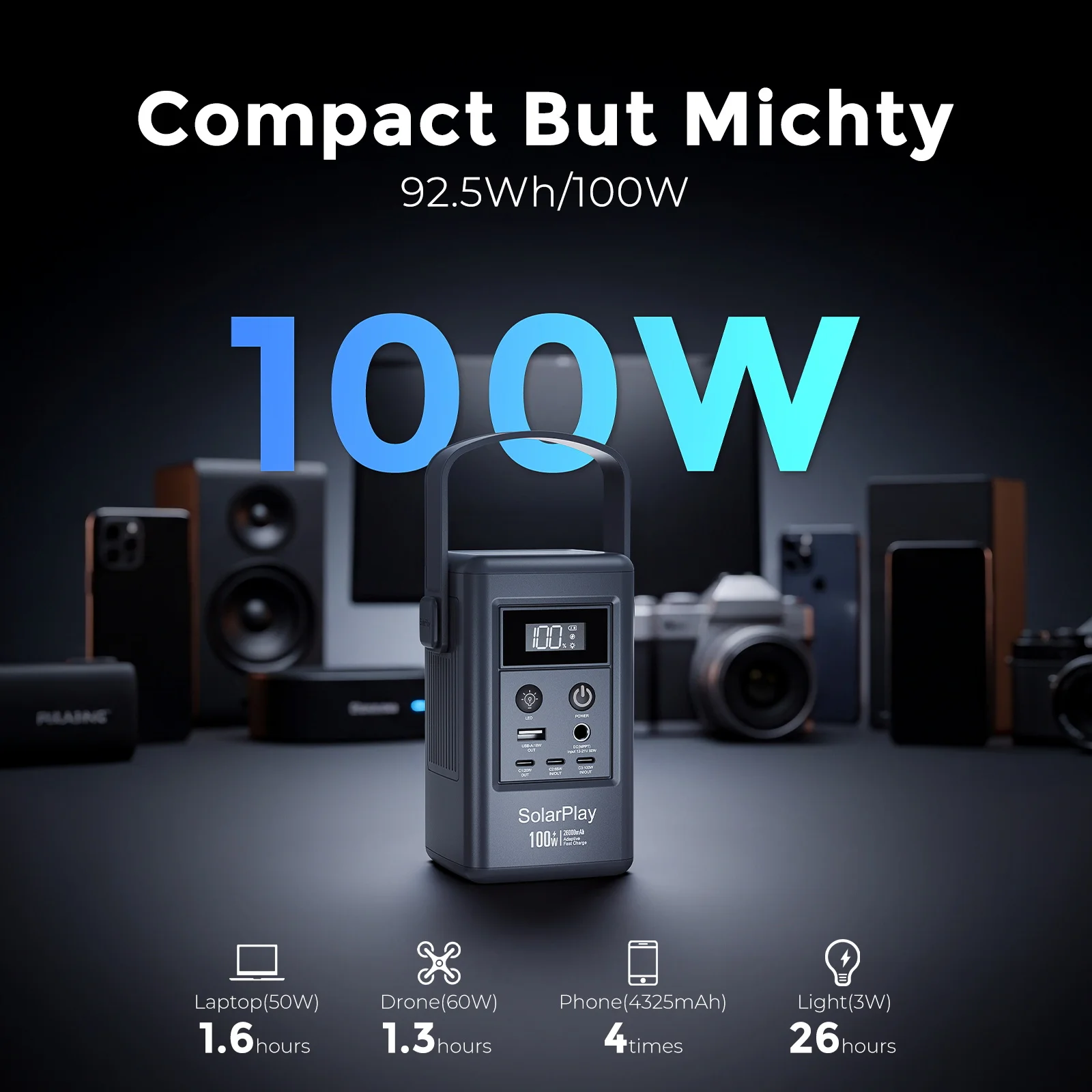 محطة طاقة محمولة SOLARPLAY Q100 بقدرة 25000 مللي أمبير في الساعة مولد طاقة شمسية خارجي 100 وات مخرج USB-C للتخييم في الهواء الطلق تعتيم الطاقة #2