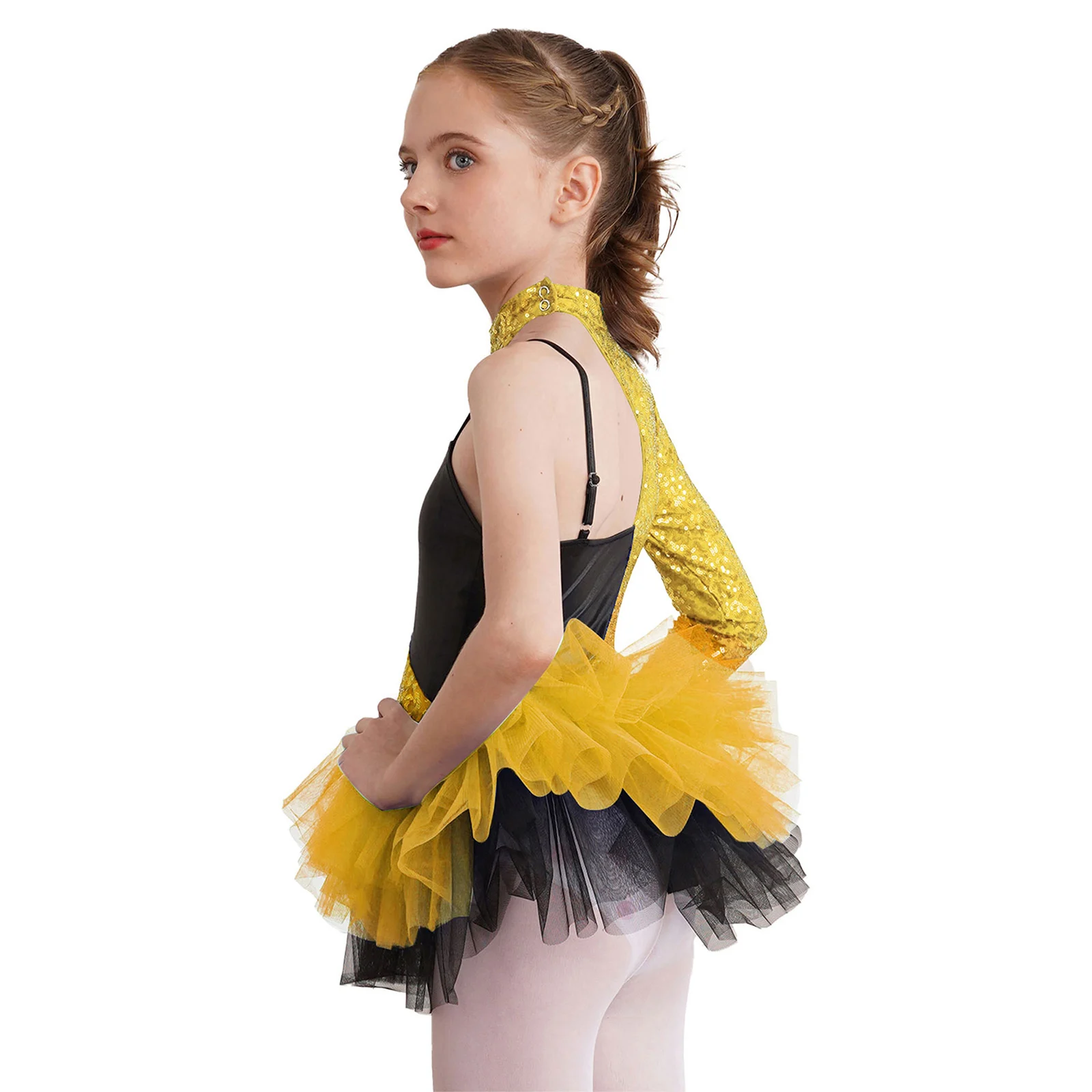 Criança menina ballet dança collant patinação artística ginástica assimétrico ombro traje lantejoulas tule tutu contornado bola vestido de festa