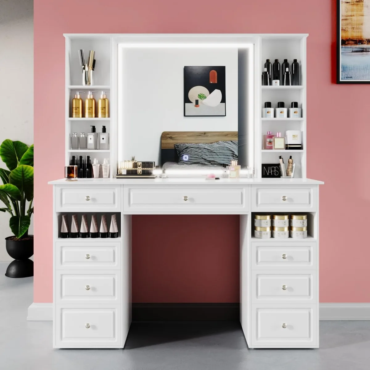 Extra Large Vanity Desk with Lighted Mirror,Huge desktop Makeup Vanity Table with 9 Drawers,European Style Vanity