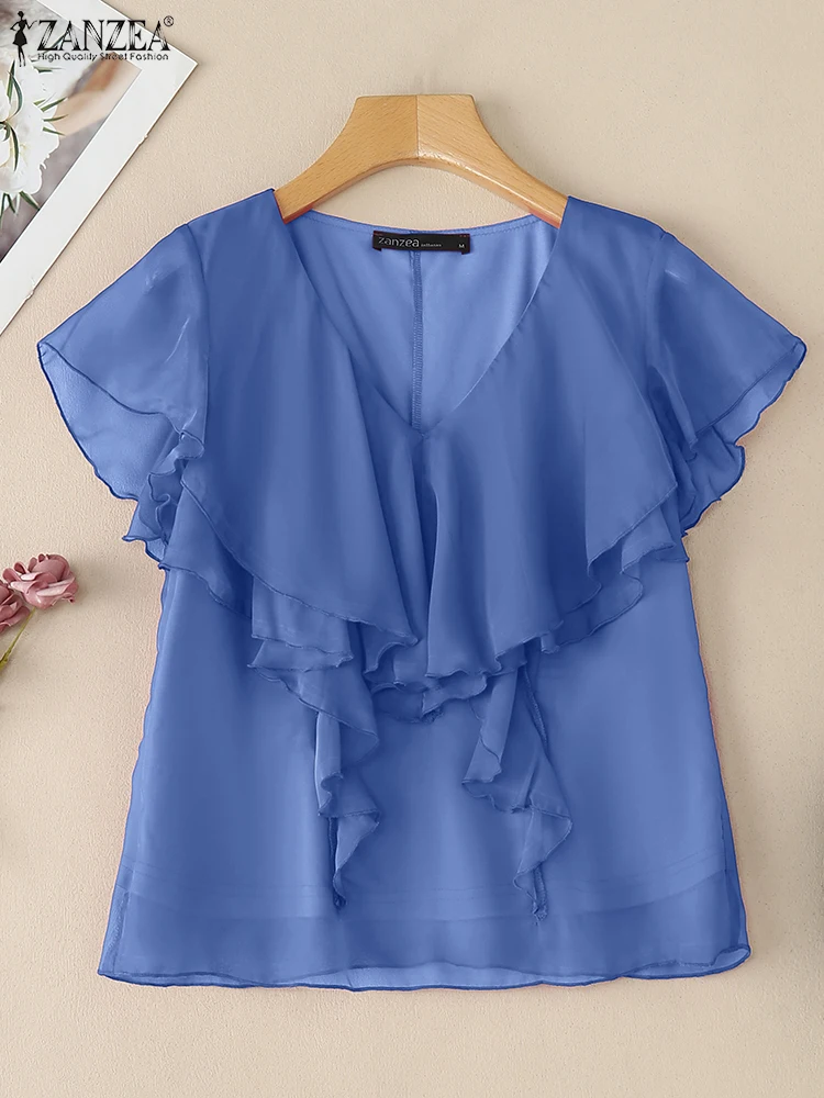 ZANZEA Elegante Chiffon Sheer Blouses Dames Ruches V-hals Korte Mouw Effen Kleur Tops 2025, Zomer Mode Vrouw Kleding S-3XL