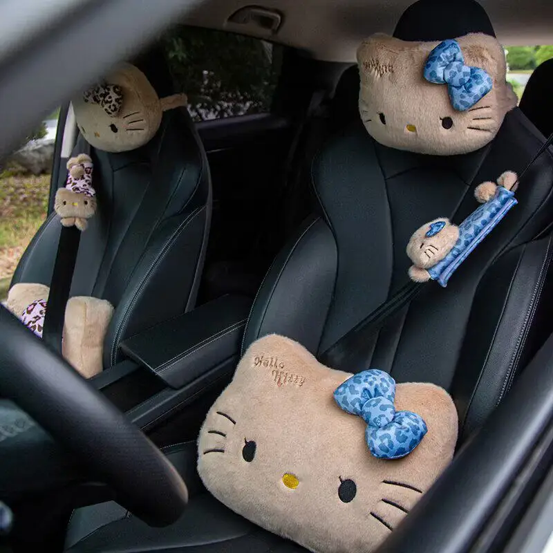 Hello Kitty Car Headrest Pillow Winter Warm Plush Doll Neck & Lumbar Support Cushion Adjustable Car Seat Pillow Seat Belt Cover 3