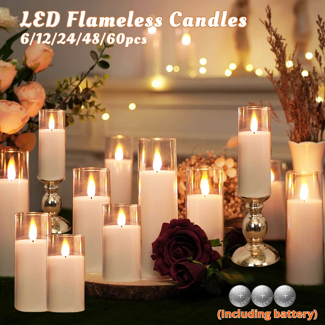 Flameless acrílico vidro LED velas com baterias, pilar cintilante para casamento, festa em casa, decoração ao ar livre, 6-60pcs