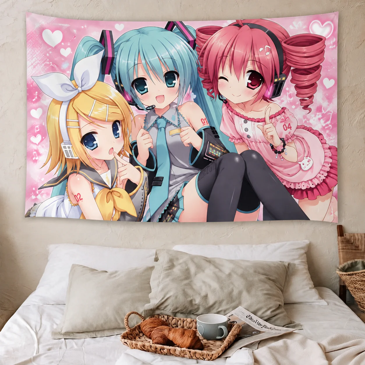 Cute Pink Anime Girls Wall Tapestry, Kawaii Anime Character Print Wall Hanging, Aesthetic Wall Decor for Anime Fan Bedroom