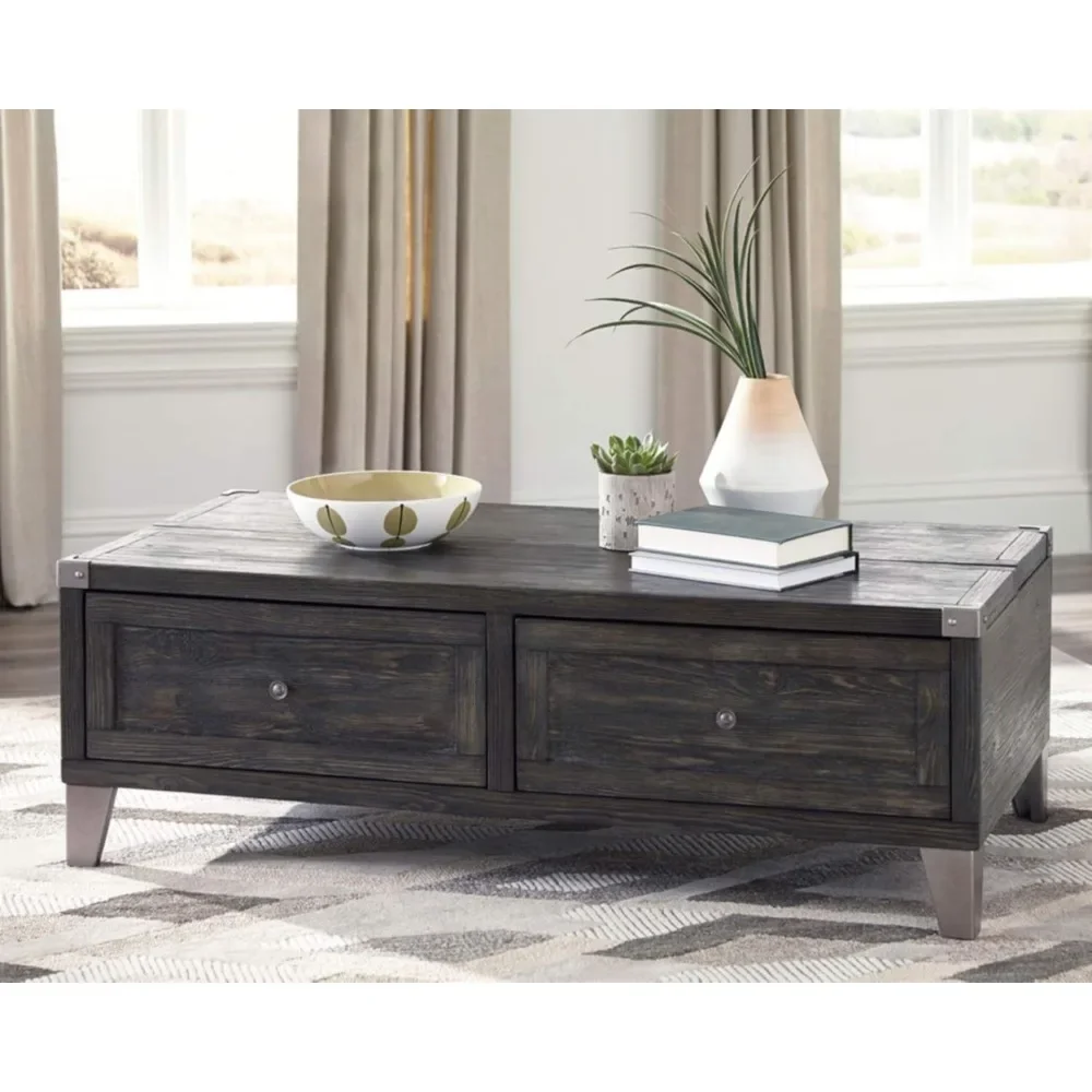 Industrial Rectangular Lift Top Coffee Table with 2 Storage Drawers, with Weathered Pine Finish