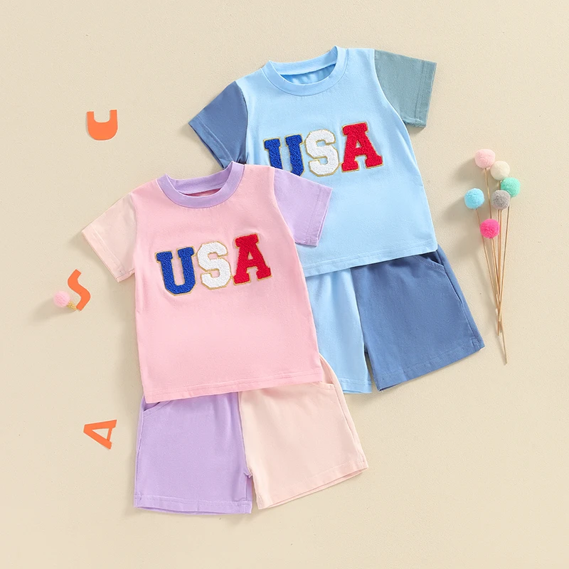 

Newborn Baby Girl 4th of July Outfits Short Sleeve Cute Letter Embroidery Tops + Contrast Color Shorts Set Summer Clothes