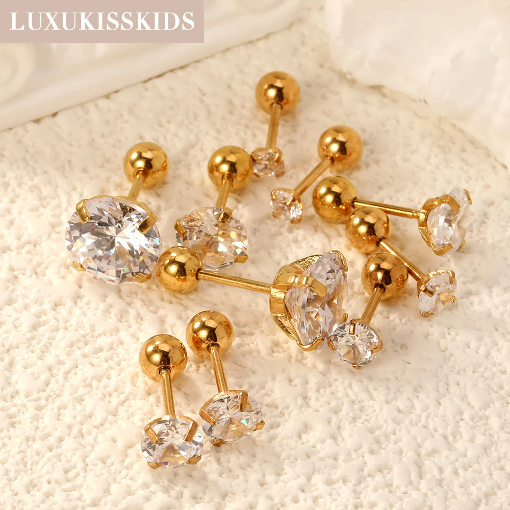 LUXUKISSKIDS 1pairs/2pcs Piercing Men Round Crystal Zirconia Stud Earrings Surgical Steel Jewelry Luxury Clear Rhinestone Unisex