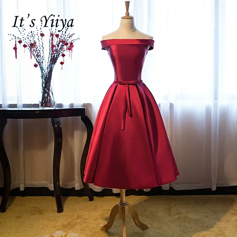 

Customized Evening Dress Wine Red Satin Off The Shoulder Lace Up Tea Length Plus size Pleat Woman Party Formal Gown X047