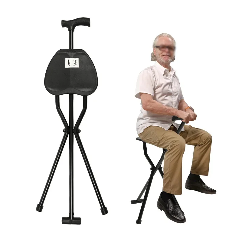 Folding three legged cane stool suitable for outdoor activities for the elderly, with a folding cane with a seat, durable