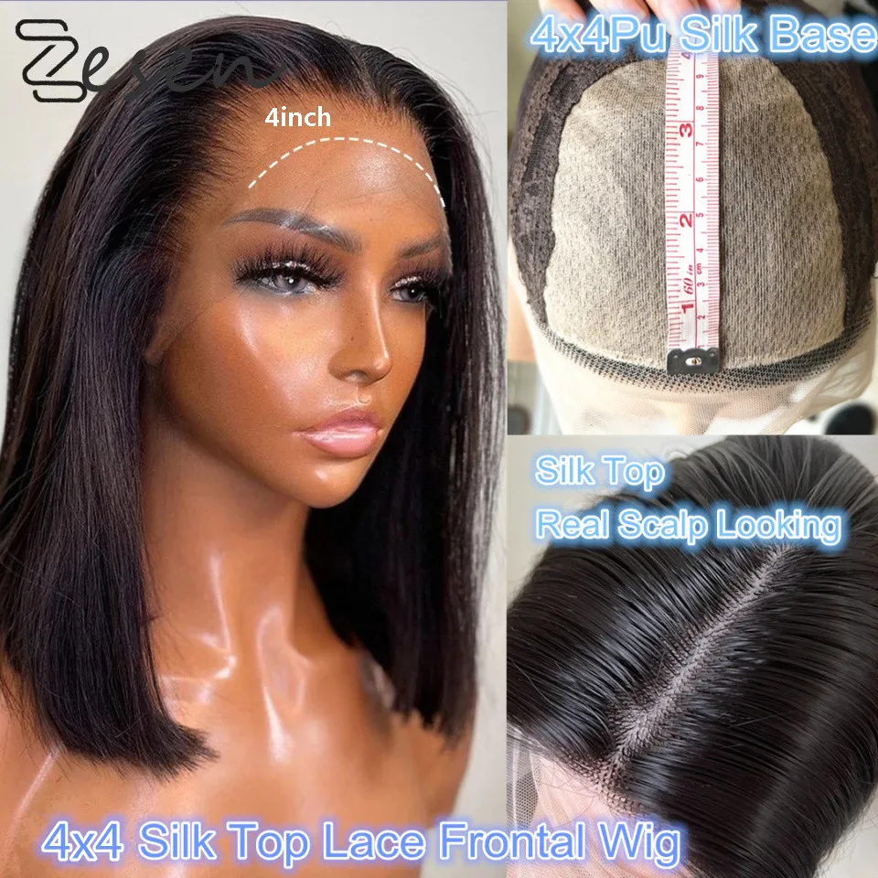 

Short Straight Bob Silk Base Lace Front Wigs with Baby Hair Natural Hairline Pre Plucked 4x4 Silk Top Heat Resistant Fiber