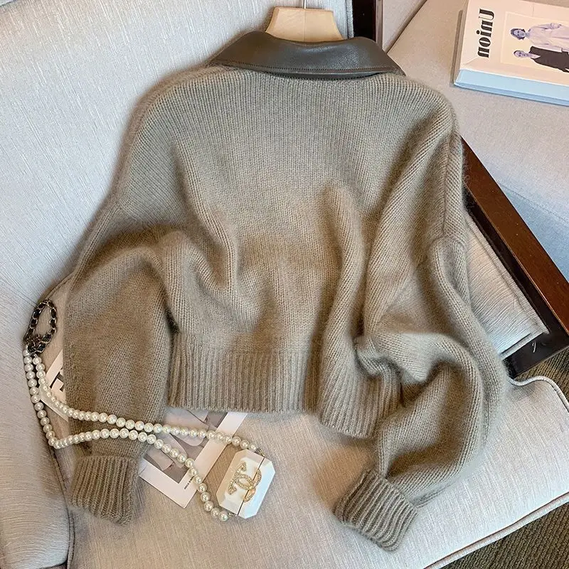 سترة تريكو نسائية أنيقة مرقعة بسحاب مزدوج من الجلد للخريف والشتاء، سترة عصرية ناعمة ومريحة #2