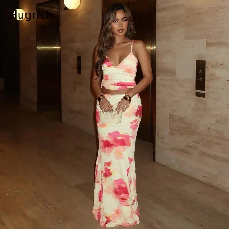Women's Sexy Floral Print Spaghetti Strap Cami Top and High Waist Maxi Skirt 2 Piece Set Slim Fit Bodycon Party Club Night Out