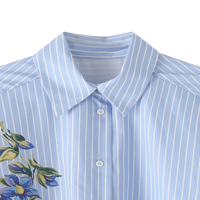 유행 줄무늬 꽃 긴 소매 턴 다운 칼라 여성 셔츠 다목적 가을 새로운 도착 루즈 피트 프리미엄 품질