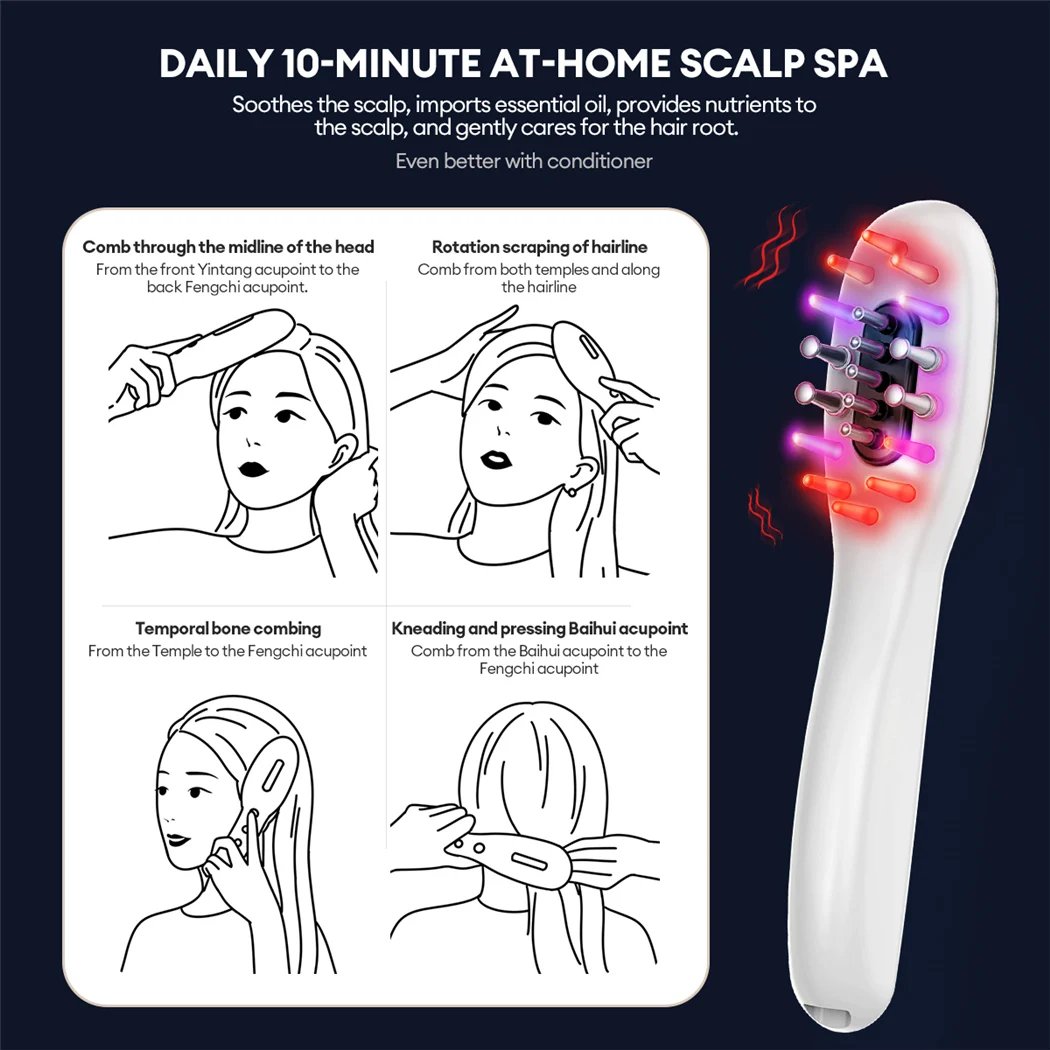 CkeyiN EMS Electric Massage Comb Vibration LED Blue Red Light Therapy Hair Massage Scalp Brush for Hair Growth Anti Hair Loss