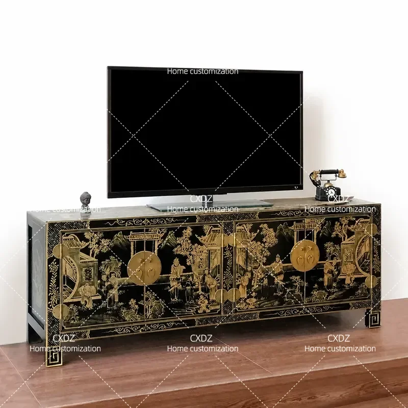 Modern New Chinese Style Solid Wood TV Cabinet Low Console Hand Painted Retro Black Storage Unit for Living Room Bedroom