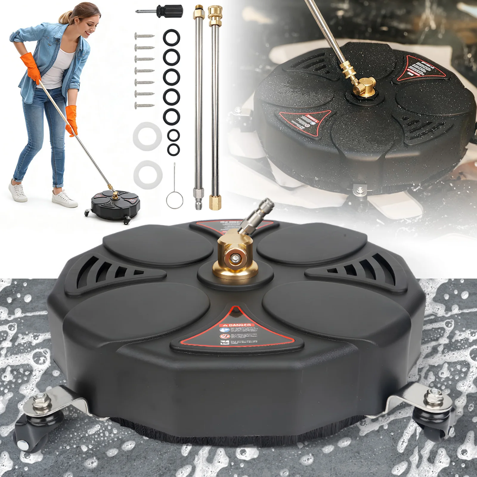 Nettoyeur de surface pour nettoyeur haute pression de 13 pouces, brosse électrique à 4 roues pour allée, terrasse, trottoir, avec connecteur rapide de 1/4 pouce, brosse haute efficacité, machine de nettoyage de grandes surfaces, nettoyeur de terrasse et allée en béton