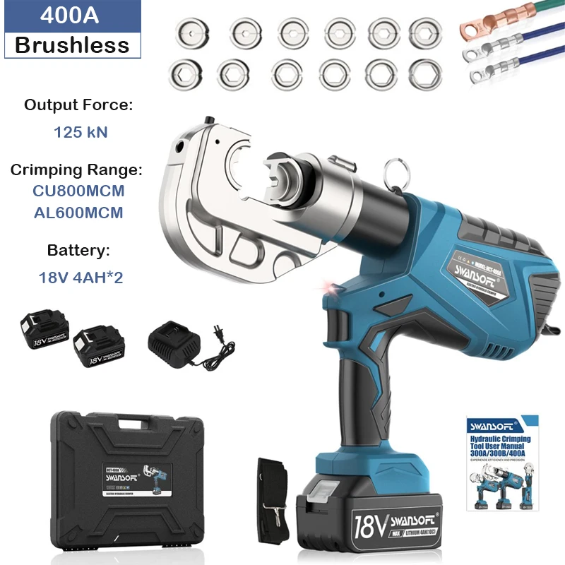 SWANSOFT 12Ton Electric Hydraulic Crimping Tool  6AWG-800MCM Rechargeable Hydraulic Crimper for Cu/Al Terminal Wire Cable Lug Crimping Tool Kit with 12 Dies