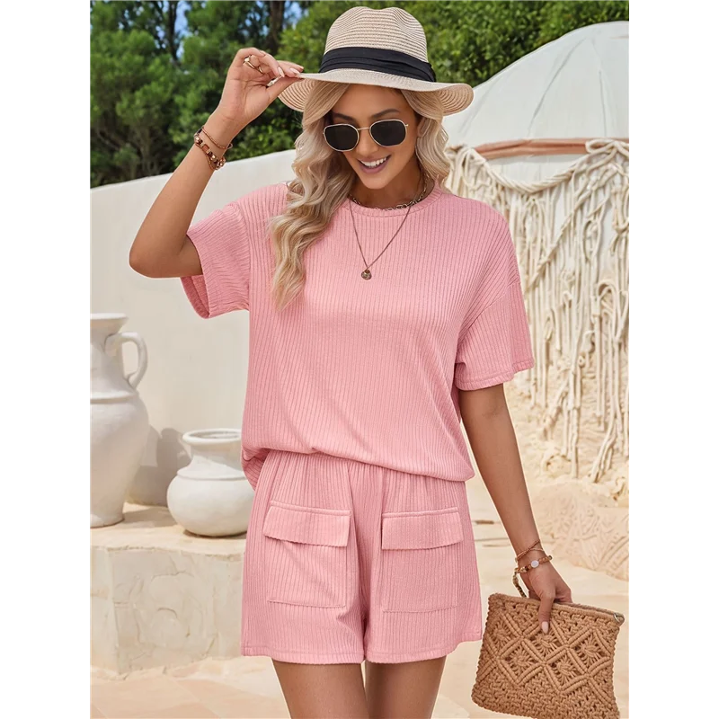 Conjuntos de pantalones cortos a juego con bolsillos de punto para mujer, conjunto de 2 piezas con cuello redondo para otoño, conjuntos de salón de manga corta de verano
